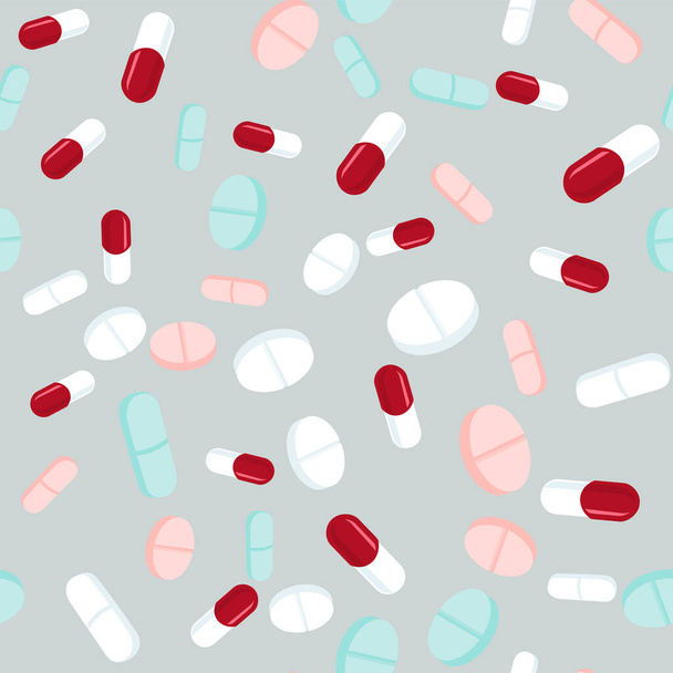 Pillole colorate modello senza soluzione di continuità. Sfondo della medicina, capsule astratte e compresse mediche illustrazione vettoriale flatlay
. - Vettoriali, immagini