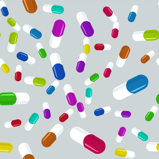 Colorful pills seamless pattern. Medicine background, abstract capsules flatlay vector illustration. - Vector, Image
