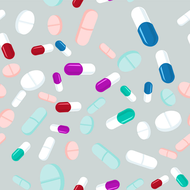 Pillole colorate modello senza soluzione di continuità. Sfondo della medicina, capsule astratte e compresse mediche illustrazione vettoriale flatlay
. - Vettoriali, immagini