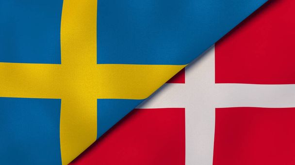 スウェーデンとデンマークの2つの州旗。高品質のビジネス背景。3Dイラスト - 写真・画像