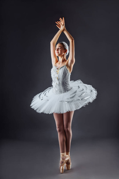 Kecses balett táncos vagy klasszikus balerina tánc elszigetelt szürke stúdió háttér. A tánc, a kegyelem, a művész, a kortárs, a mozgás, az akció és a mozgás koncepciója. Hattyútó jelmez - Fotó, kép