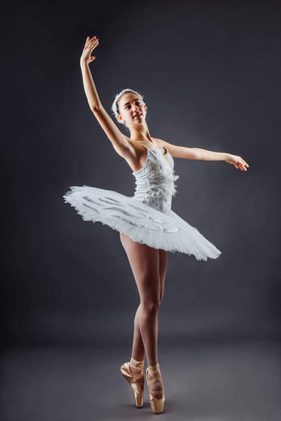 A young graceful ballerina dressed in professional attire, pointe shoes and a white tutu, demonstrates dance skills. Beautiful classic ballet dancer isolated on grey backgroung in photostudio - Photo, Image