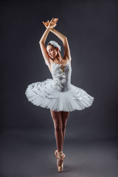 Ballerina dancing in white dress. Color photo. Graceful ballet dancer or classic ballerina dancing isolated on grey studio background. Ballerina on point shoes feet tutu from Lake Swan - Fotografie, Obrázek