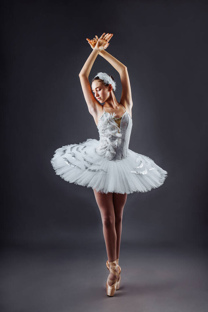 A young graceful ballerina dressed in professional attire, pointe shoes and a white tutu, demonstrates dance skills. Beautiful classic ballet dancer isolated on grey backgroung in photostudio - Photo, Image