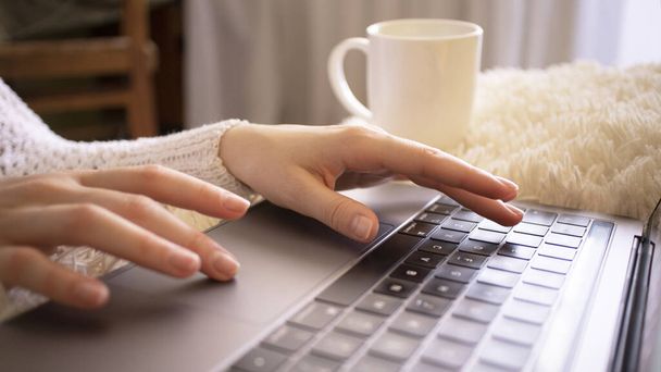 Image of girls hands typing.  Work from home. Selective focus - 写真・画像
