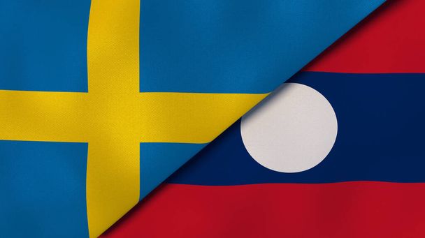 Державні прапори Швеції та Лаосу. Високоякісне ділове минуле. 3d ілюстрація - Фото, зображення