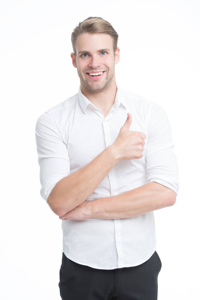 Best promotion. Happy guy give thumbs up isolated on white. Promoting product or service. Promoting and advertising. Promoting and marketing. Promote and make sales. Promoting business - Foto, Bild