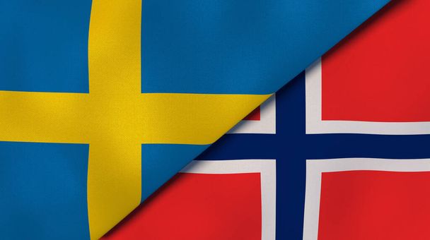 İsveç ve Norveç 'in iki bayrağı. Kaliteli bir iş geçmişi. 3d illüstrasyon - Fotoğraf, Görsel