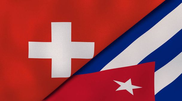 Державні прапори Швейцарії та Куби. Високоякісне ділове минуле. 3d ілюстрація - Фото, зображення