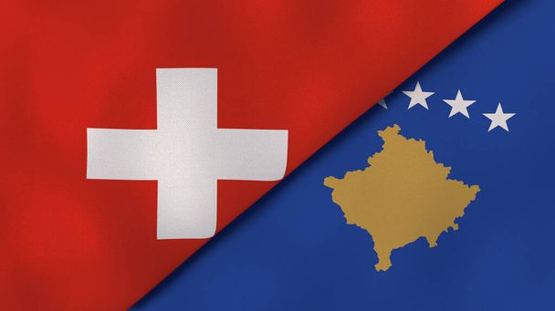 Дві держави прапори Швейцарії та Косово. Високоякісне ділове минуле. 3d ілюстрація - Фото, зображення