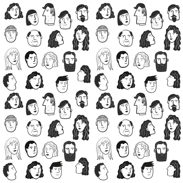 Hand drawn illustration fo people and faces in a crowd. - Vector, Image