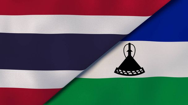 Thaiföld és Lesotho két állami zászlaja. Kiváló minőségű üzleti háttér. 3d illusztráció - Fotó, kép