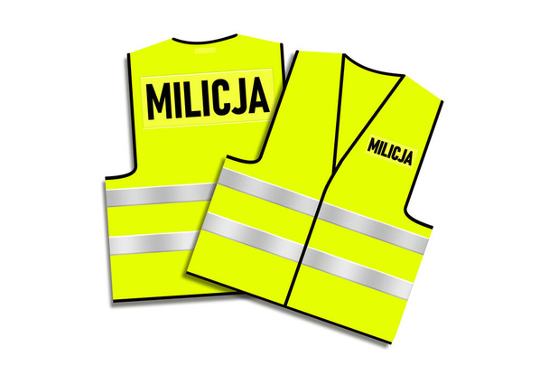 Kirkkaan vihreä keltainen Puolan liikenteen Milicja liivi valkoinen eristetty tausta. Takana ja edessä näkymä. Käsikirjoitus. Musta teksti suunnittelu logo. Liivi, jossa on valoa heijastavat raidat
. - Valokuva, kuva