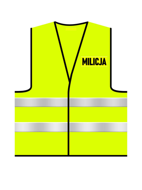 Kirkkaan vihreä keltainen Puolan liikenteen Milicja liivi valkoinen eristetty tausta. Etunäkymä. Käsikirjoitus. Musta teksti suunnittelu logo. Liivi, jossa on valoa heijastavat raidat
. - Valokuva, kuva
