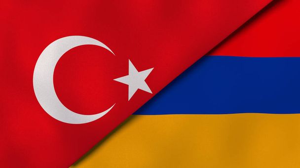 Zwei Staaten Flaggen der Türkei und Armeniens. Hochwertiger geschäftlicher Hintergrund. 3D-Illustration - Foto, Bild