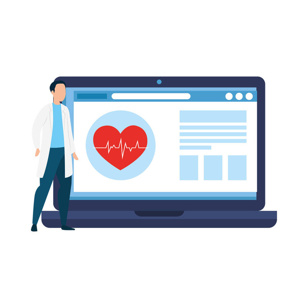 medicine online with doctor male in laptop - Vector, Image