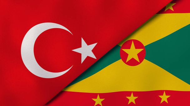 Zwei Staaten Flaggen der Türkei und Grenada. Hochwertiger geschäftlicher Hintergrund. 3D-Illustration - Foto, Bild