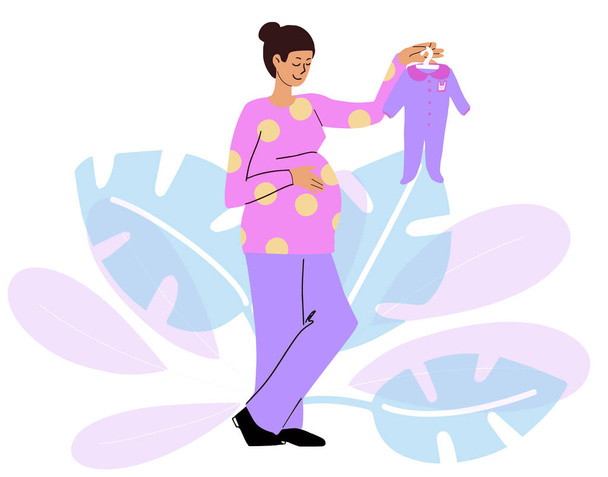 Mulher grávida escolhe escolhe bens de bebê
 - Vetor, Imagem