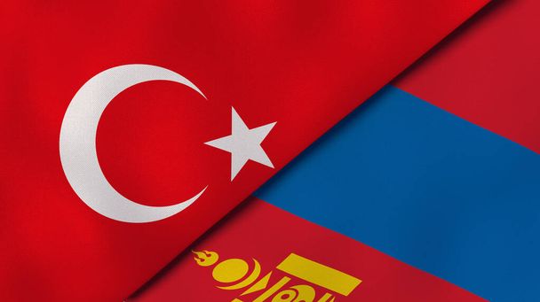 Two states flags of Turkey and Mongolia. High quality business background. 3d illustration - Photo, Image