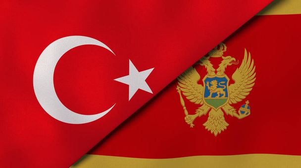 Twee vlaggen van Turkije en Montenegro. Hoge kwaliteit zakelijke achtergrond. 3d illustratie - Foto, afbeelding