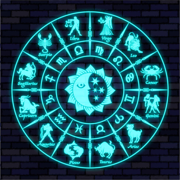 Blauwe neon horoscoop cirkel.Cirkel met tekens van zodiac.Vector illustratie - Vector, afbeelding