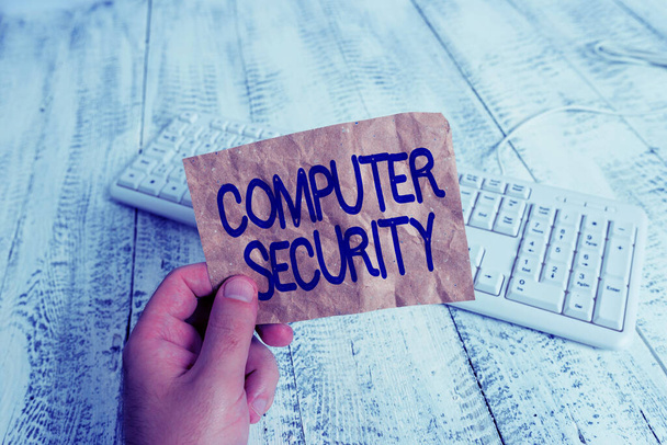 Writing note showing Computer Security. Business photo showcasing protection of computer systems from theft or damage Man holding colorful reminder square shaped paper wood floor. - Photo, Image