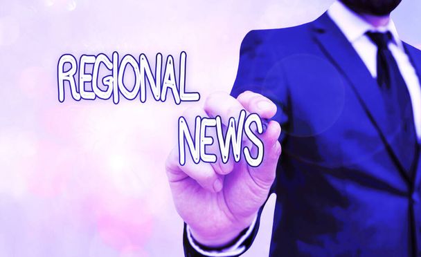 Texto manuscrito Regional News. Concepto que significa la cobertura de los acontecimientos, por las noticias, en un contexto local
. - Foto, Imagen