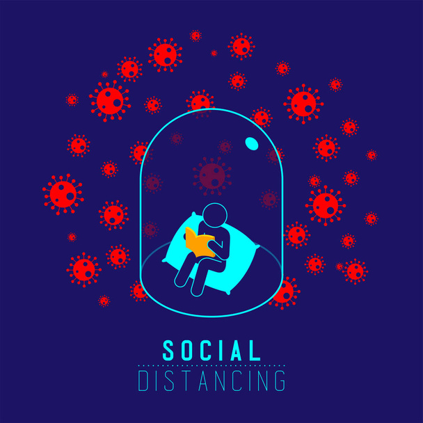 Quarantine introvert Man sign pictogram reading book keep distance to protection COVID-19 virus outbreak, Social distancing stay at home poster or banner illustration on background, copy space, vector - Vector, Image
