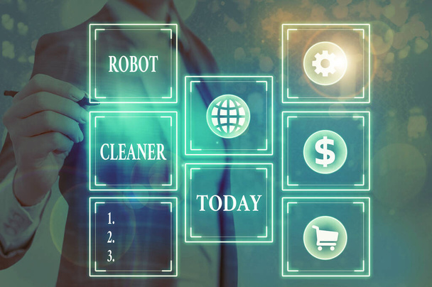 Szöveges üzenet Robot Cleaner. Az intelligens programozás és a korlátozott porszívórendszer üzleti koncepciója. - Fotó, kép