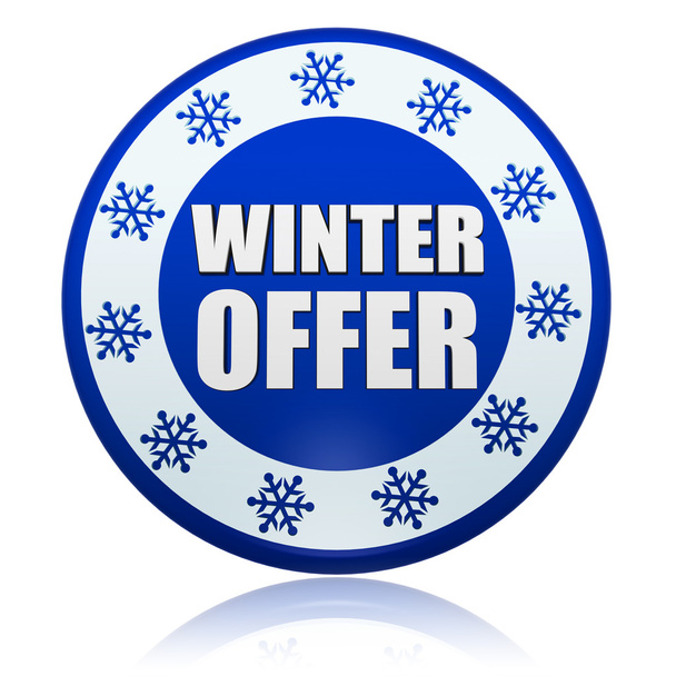 Winter offer on blue circle banner with snowflakes symbols - Photo, Image