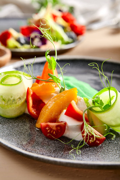 Fresh salad in clay plate. Seasonal vegetables on ricotta mousse close up. Chopped zucchini, tomato and carrot with sauce. Vegan nutrition, served vegetarian food, gourmet appetizer, restaurant meal - Photo, Image