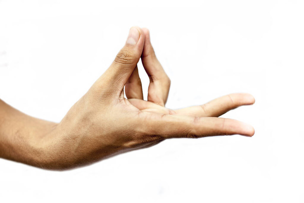 Close up shot of male hand demonstrating Prana Yoga Mudra isolated over white background. Horizontal shot. - Foto, Imagem