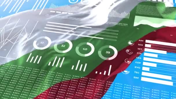 Bulgaristan 'ın bilgilendirme analizi raporları ve mali veriler, bilgi grafikleri bayrak, sütun numaraları ve pasta grafikleriyle animasyon gösteriyor. Mali bilimsel ve tıbbi konular. - Video, Çekim