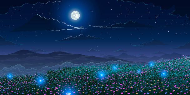 Vector spring landscape background. Mountains and flowering meadows with glowworms at moonlight night. - Διάνυσμα, εικόνα