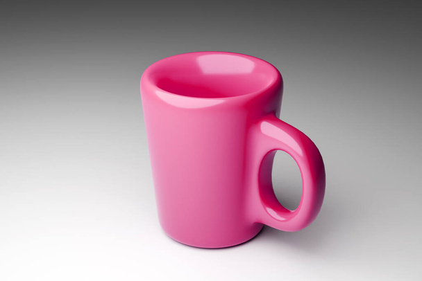 3D renderelés. a közepes méretű rózsaszín tea és kávésbögre elvesztése szürke, elszigetelt háttérrel. Termikus csésze kiöntése  - Fotó, kép