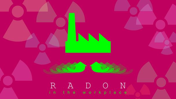 Radon, ein Schadstoff, der die Raumluftqualität weltweit beeinträchtigt. 3D-Illustration, grün und weinrot. Silhouette einer Fabrik. Risiko einer möglichen Ansammlung von Edelgas am Arbeitsplatz. - Foto, Bild