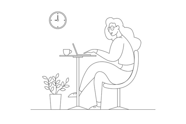 Una donna che lavora a casa su un progetto, si siede a un tavolo, indicando idee su un taccuino del computer
. - Vettoriali, immagini