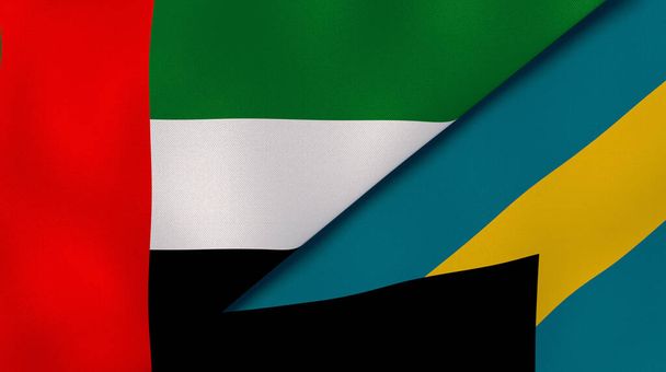 Az Egyesült Arab Emírségek és Bahama-szigetek két állami lobogója. Kiváló minőségű üzleti háttér. 3d illusztráció - Fotó, kép