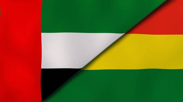 Dwie flagi stanów Zjednoczonych Emiratów Arabskich i Boliwii. Wysokiej jakości doświadczenie biznesowe. Ilustracja 3D - Zdjęcie, obraz