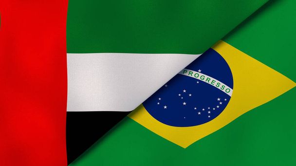 Twee vlaggen van de Verenigde Arabische Emiraten en Brazilië. Hoge kwaliteit zakelijke achtergrond. 3d illustratie - Foto, afbeelding