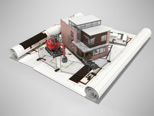 3D-Rendering-Konzept Zeichnung eines Häuschens mit Bagger und Zaun auf grauem Hintergrund mit Schatten - Foto, Bild
