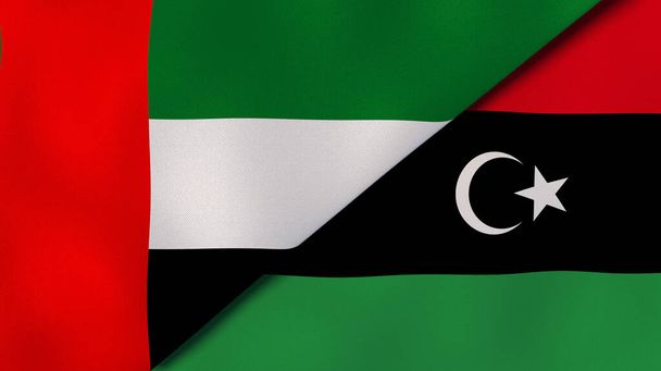 Dos Estados banderas de los Emiratos Árabes Unidos y Libia. Fondo de negocio de alta calidad. ilustración 3d
 - Foto, imagen