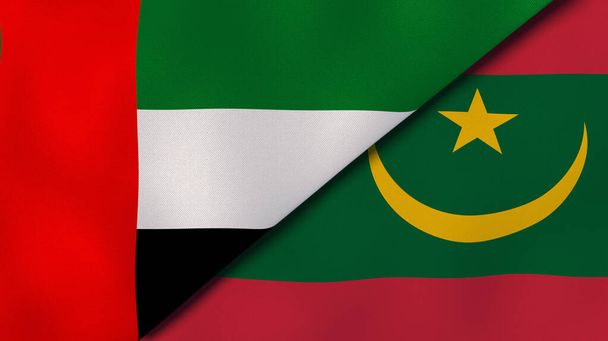 Δύο κράτη σημαίες των Ηνωμένων Αραβικών Εμιράτων και της Μαυριτανίας. Επαγγελματικό υπόβαθρο υψηλής ποιότητας. 3D εικονογράφηση - Φωτογραφία, εικόνα