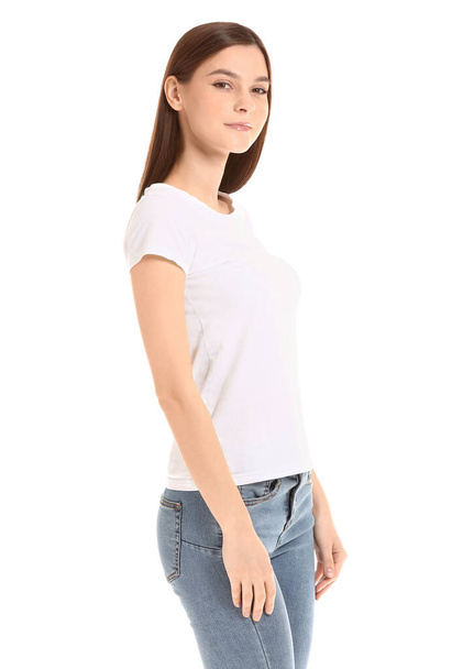 Woman in stylish t-shirt on white background - Foto, imagen