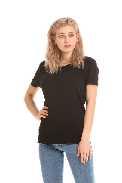 Woman in stylish t-shirt on white background - Foto, immagini