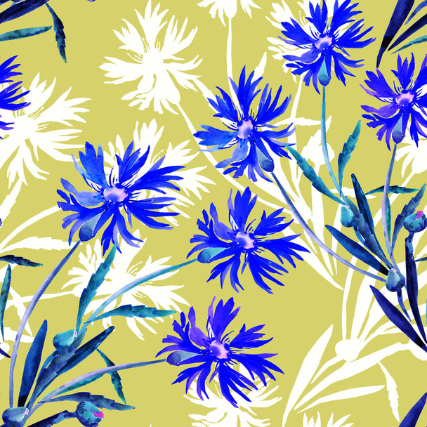 Акварельна ілюстрація букета з польових квітів, кукурудзяних квітів на кольоровому фоні
 - Фото, зображення