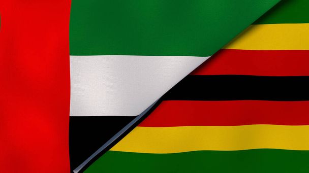 Dwa państwa bandery Zjednoczonych Emiratów Arabskich i Zimbabwe. Wysokiej jakości doświadczenie biznesowe. Ilustracja 3D - Zdjęcie, obraz