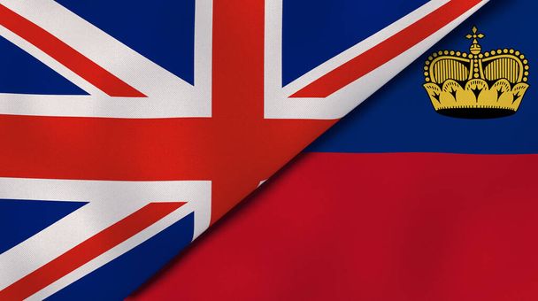 Az Egyesült Királyság és Liechtenstein két állami lobogója. Kiváló minőségű üzleti háttér. 3d illusztráció - Fotó, kép