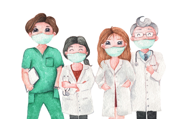 Medizinisches Team und Personal, Arzt mit medizinischer Maske. Vereinzelt auf weißem Hintergrund. Aquarell Illustration Cartoon-Figur. - Foto, Bild