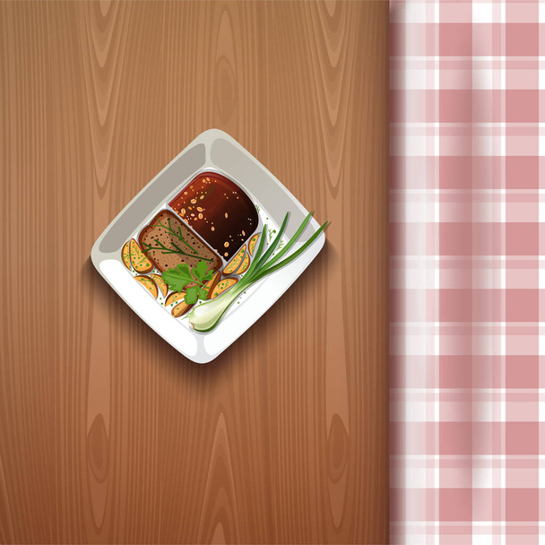 Patate fritte in stile rustico con cipolle verdi e pane nero. Patatine fritte su un tavolo di legno con una tovaglia a scacchi. Illustrazione vettoriale
 - Vettoriali, immagini